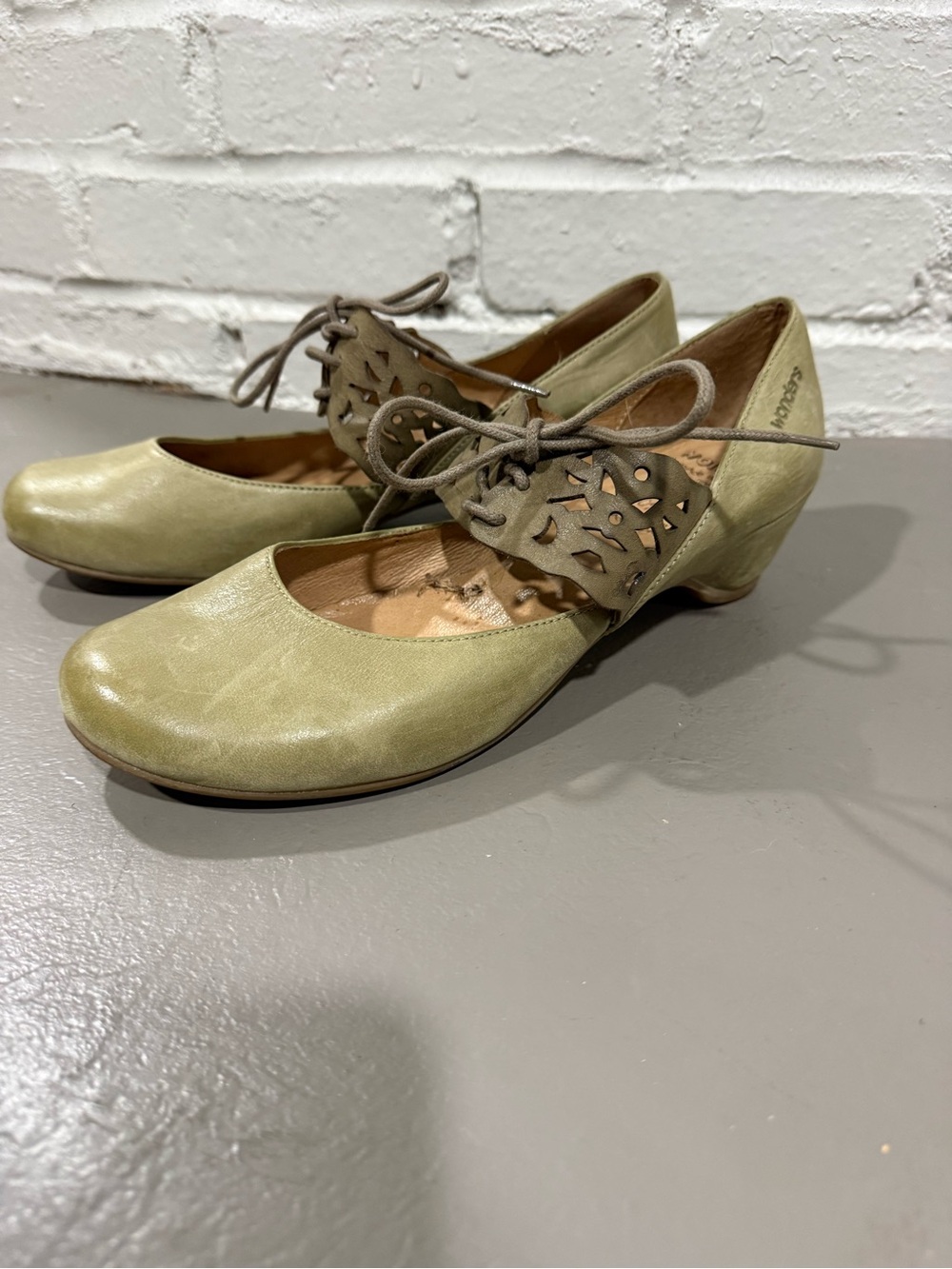 Wonders Cutout Lace-Up Heels in Sage Green